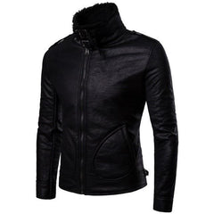 Men Real Sheepskin Fur Collar Slim Fit Leather Jacket