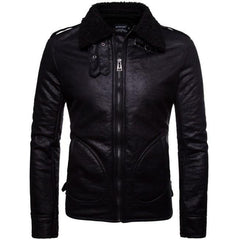 Men Real Sheepskin Fur Collar Slim Fit Leather Jacket