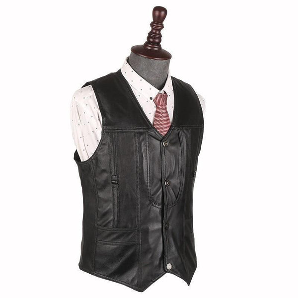 Office Men Slim Fit Genuine Leather Vest Motorcycle Sleeveless Jacket