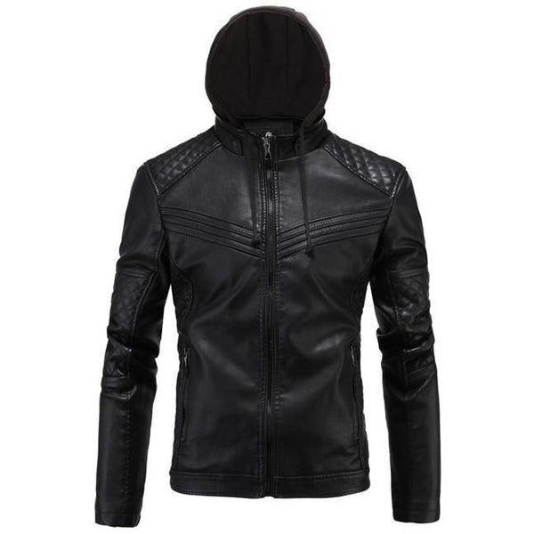 Men's Real Leather Motorcycle jacket with Removable Hood