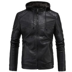 Men's Real Leather Motorcycle jacket with Removable Hood