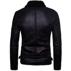 Men Real Sheepskin Fur Collar Slim Fit Leather Jacket