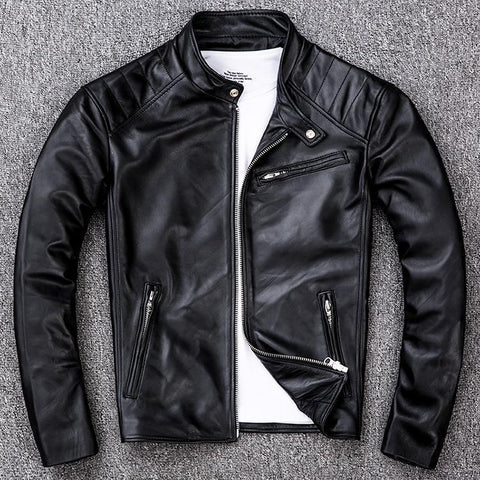 AYUNSUE Motorcycle Sheepskin Leather Jacket for Men