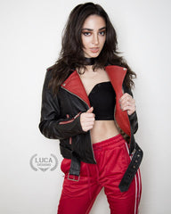Womens Fashion Leather Jacket Black Red Contrast