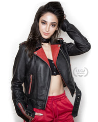Womens Fashion Leather Jacket Black Red Contrast