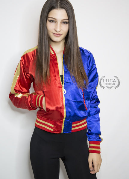 Womens Harley Quinn Margot Robbie Satin Jacket Red and Blue