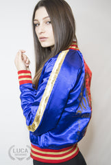 Womens Harley Quinn Margot Robbie Satin Jacket Red and Blue