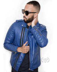Mens Quilted Leather Motorcycle Jacket Blue