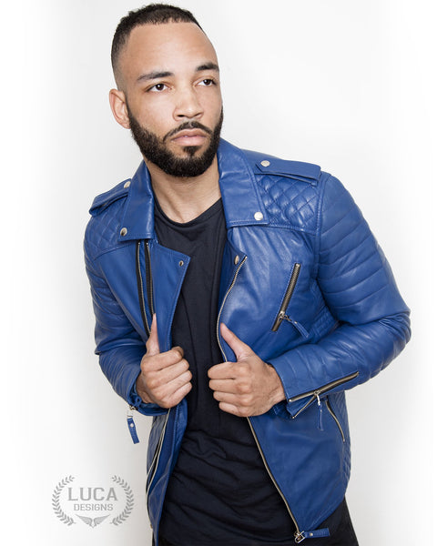 Mens Quilted Leather Motorcycle Jacket Blue