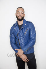 Mens Quilted Leather Motorcycle Jacket Blue