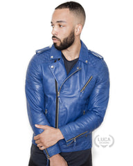 Mens Quilted Leather Motorcycle Jacket Blue