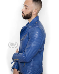Mens Quilted Leather Motorcycle Jacket Blue