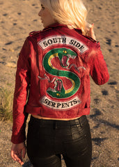 Womens Riverdale Southside Serpents Leather Motorcycle Jacket Red