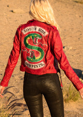 Womens Riverdale Southside Serpents Leather Motorcycle Jacket Red