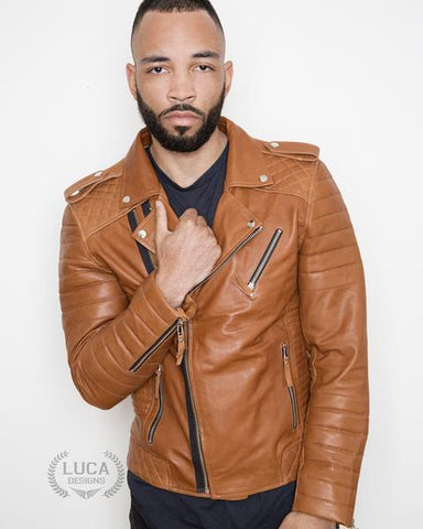 Mens Quilted Leather Jacket Brown