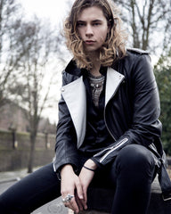 Mens Fashion Leather Jacket Black White Contrast