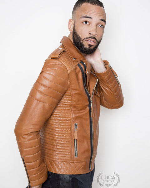 Mens Quilted Leather Motorcycle Jacket Brown