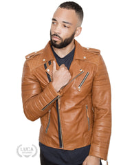 Mens Quilted Leather Motorcycle Jacket Brown