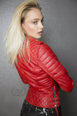 Womens Quilted Leather Motorcycle Jacket Red