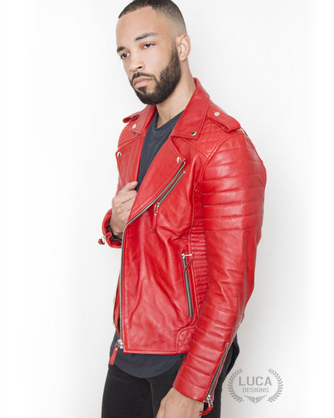 Mens Quilted Leather Motorcycle Jacket Red