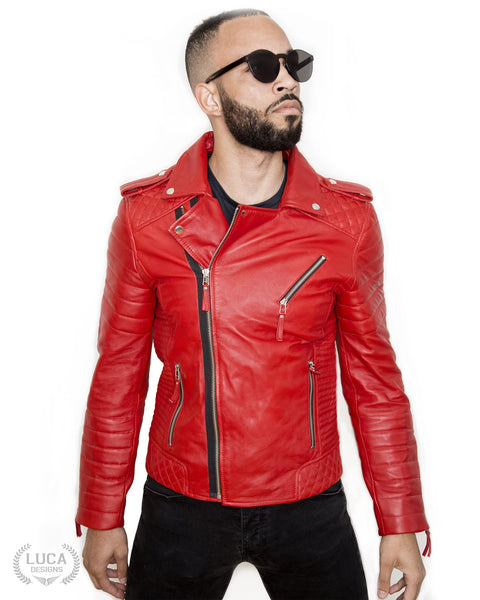 Mens Quilted Leather Motorcycle Jacket Red