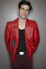 Mens Quilted Leather Motorcycle Jacket Red