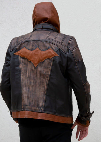 Mens Arkham Knight Jason Todd Brown Hood Leather Jacket