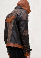 Mens Arkham Knight Jason Todd Brown Hood Leather Jacket