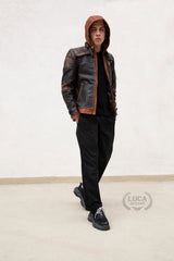 Mens Arkham Knight Jason Todd Brown Hood Leather Jacket