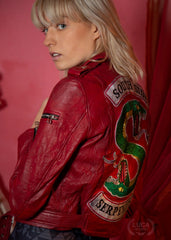 Womens Riverdale Southside Serpents Leather Motorcycle Jacket Red