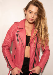 Womens Quilted Leather Motorcycle Jacket Pink