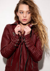 Womens Quilted Leather Motorcycle Jacket Maroon