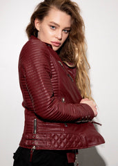 Womens Quilted Leather Motorcycle Jacket Maroon