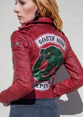 Womens Riverdale Southside Serpents Leather Motorcycle Jacket Red