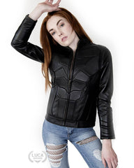 Womens Batman Leather Motorcycle Jacket Black Bat Embossed