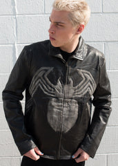 Mens Venom Logo Spiderman Marvel Leather Jacket Black