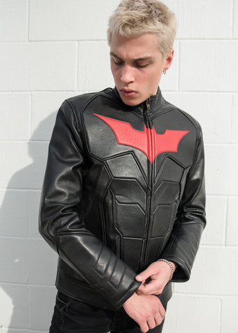 Mens Batman Armor Leather Motorcycle Jacket Red Bat Embossed