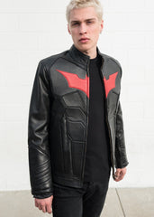 Mens Batman Armor Leather Motorcycle Jacket Red Bat Embossed