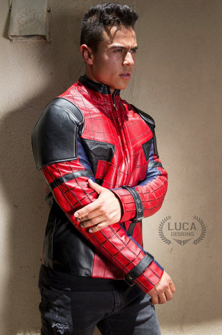 Mens Spider-Man Deadpool Hybrid Leather Jacket Black & Red