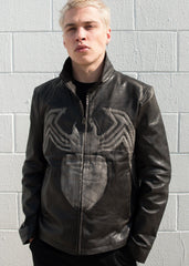 Mens Venom Logo Spiderman Marvel Leather Jacket Black