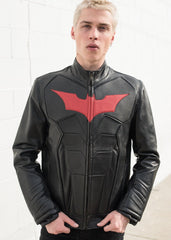 Mens Batman Armor Leather Motorcycle Jacket Red Bat Embossed