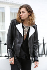 Mens Fashion Leather Jacket Black White Contrast