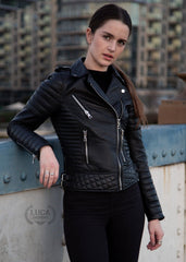 Womens Quilted Leather Motorcycle Jacket Black