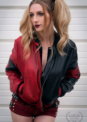 Womens Harley Quinn Bomber Leather Jacket Black and Red