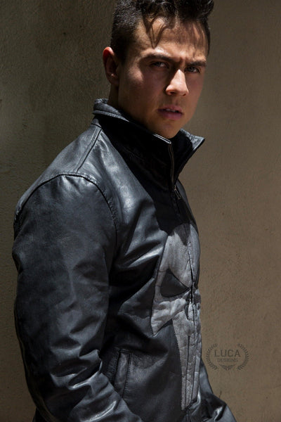 Mens Punisher Marvel Frank Castle Leather Jacket Skull Embossed