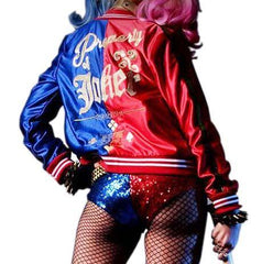 Womens Harley Quinn Margot Robbie Satin Jacket Red and Blue